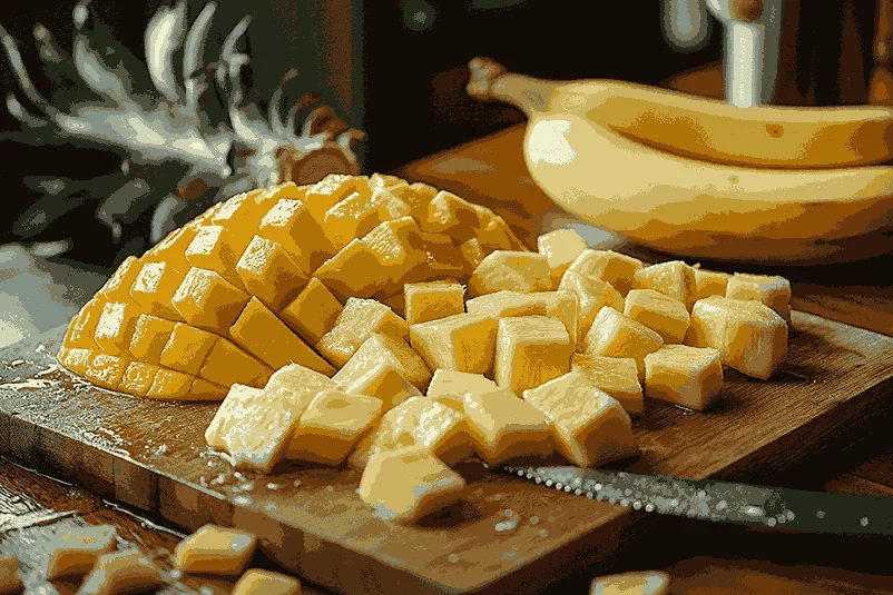Нарезанный банан, манго и обжаренный кунжут разложены на разделочной доске.