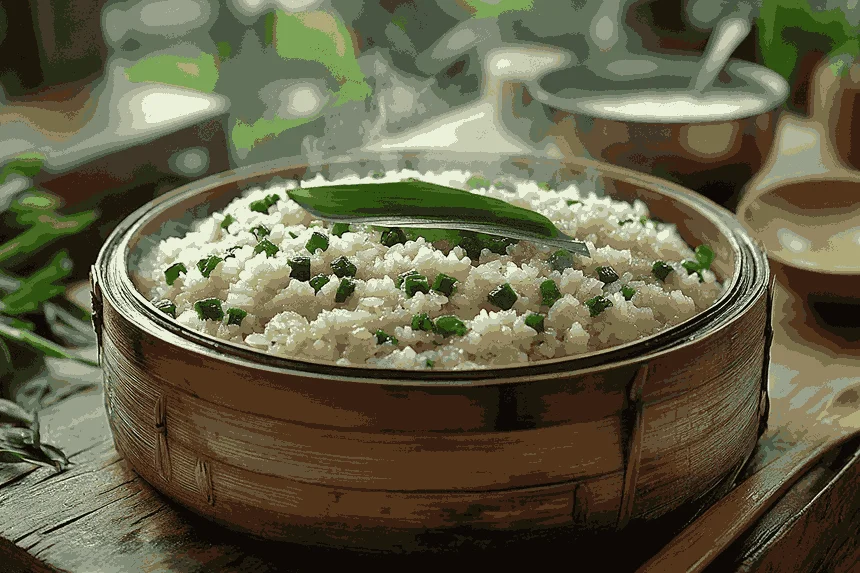 Клейкий рис с листом пандана на пару в корзине с банановыми листьями.