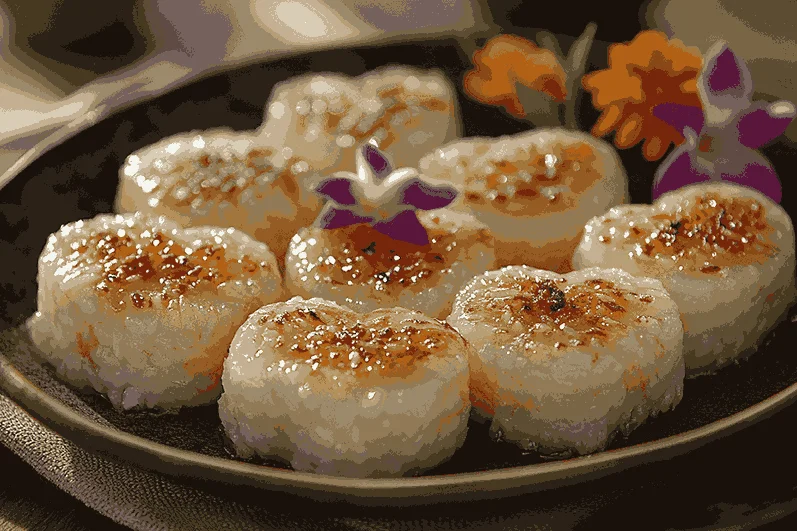 Сердечки из сладкого риса, политые сиропом из пальмового сахара и украшенные тёртым кокосом.