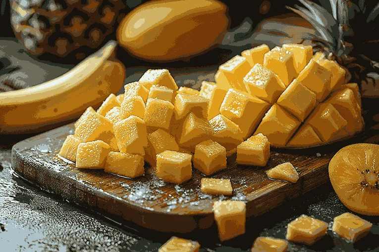 Нарезанные манго, банан и ананас для смузи