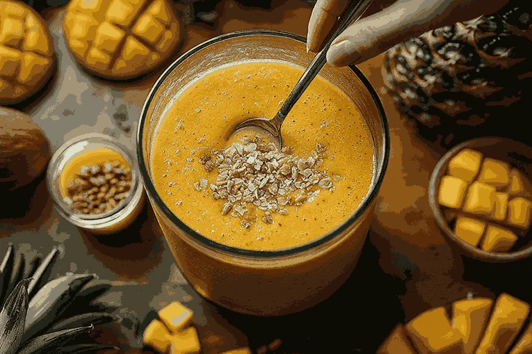 Smoothie tropis dituangkan ke dalam batok kelapa dan dihias dengan daun mint serta irisan jeruk nipis.