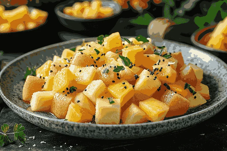 Манго, папайя и ананас нарезаны кубиками и добавлены к яблокам.