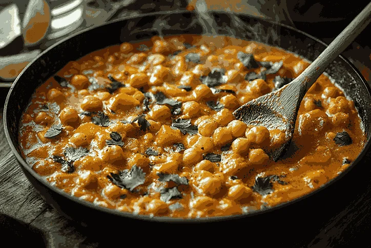 Морковь, кабачки, кукуруза и нут добавляются в соус, помешивая для равномерного распределения вкусов.