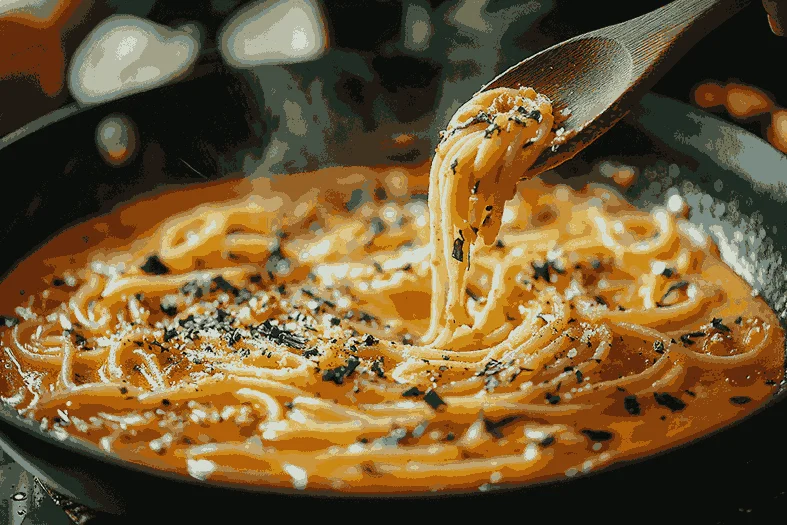 К обжаренным луку и чесноку добавляются кокосовое молоко, kecap manis и куркума, соус перемешивается в сковороде.