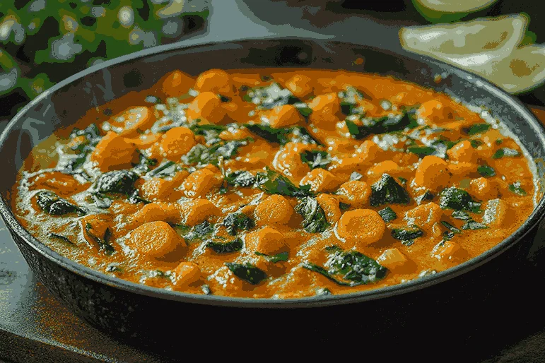 В соус добавляются морковь, кабачки, шпинат и кубики тофу/темпе, осторожно перемешиваются.