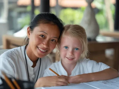 Educated nanny in Bali guide to homework help and English progress