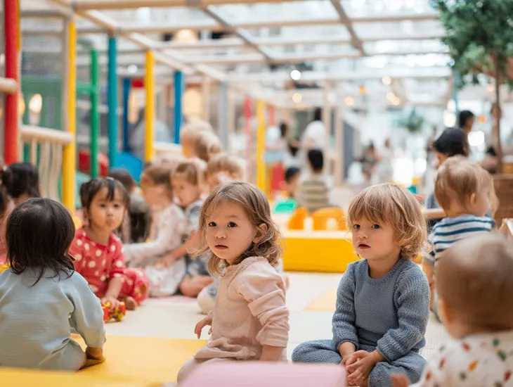 indoor play area at Yoohoo Playground Bali with children supervised by a nanny during weekday play sessions in 2026