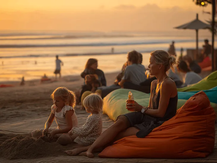 Double Six Beach sunset Bali 2026 – kid-safe sunset tips, simple beanbag bars and budget family snacks