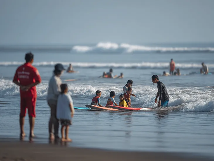 Learning to surf at Kuta Beach 2026 – live coaching checks, lifeguards and communication with schools