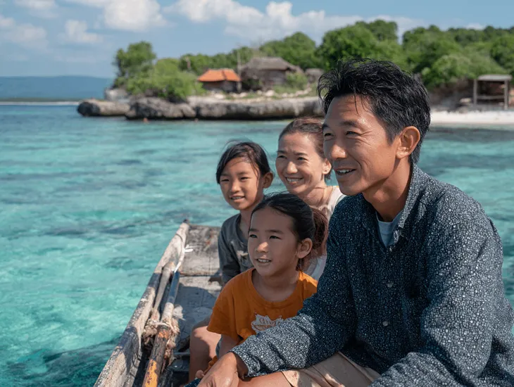 Family Seaweed Farms in Nusa Lembongan – Local farmers tending to shallow water seaweed plots during low tide in the turquoise channel.