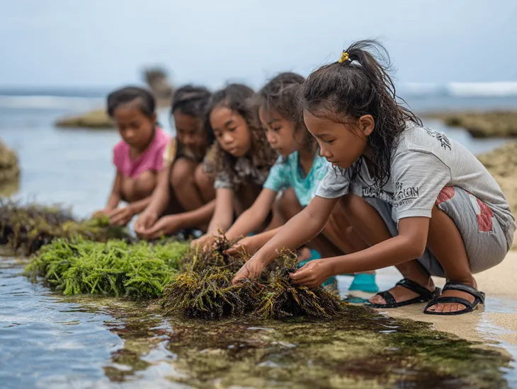 Family Seaweed Farms in Nusa Lembongan – School-age children participating in a guided seaweed planting session with non-slip water shoes.