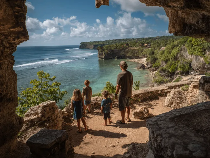 Blue Lagoon Nusa Ceningan family trip – Parents holding children's hands firmly while standing several meters back from the unfenced cliffs.