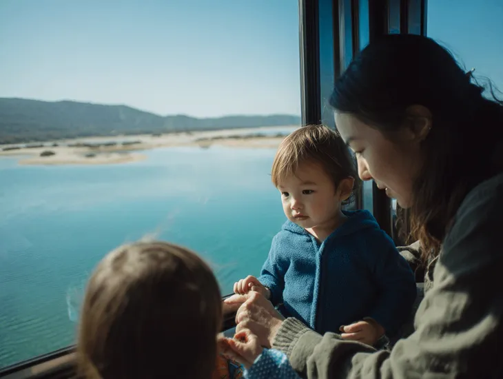 Blue Lagoon Nusa Ceningan family trip – Preschool-aged children wearing sun hats and staying within designated safe viewing zones.