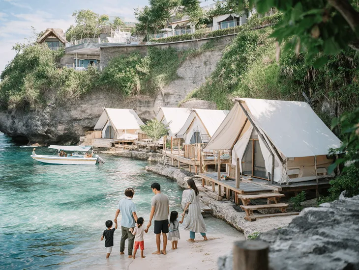 Island Transfer Safety 2026 – Children wearing high-quality life jackets while boarding a reputable fast boat at Sanur harbor for the trip.