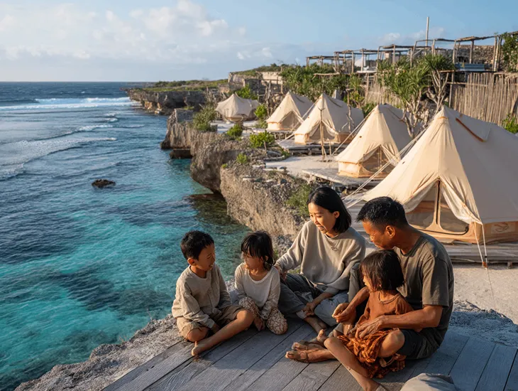 Ceningan Nature Exploration 2026 – A school-aged child using a magnifying glass to observe marine life in a shallow tide pool at low tide.