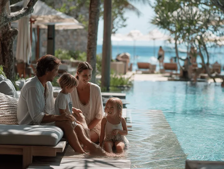 family resorts in Jimbaran Bali 2026 – A large, shallow resort pool designed specifically for toddlers and young children with shaded seating areas nearby.
