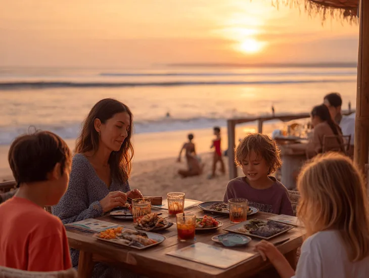 family resorts in Jimbaran Bali 2026 – Families enjoying a casual dinner at a beachfront cafe during a spectacular orange sunset over the calm bay.