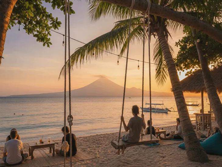 Family sunset swings in Bali 2026 – A rustic wooden swing at a beachfront cafe on Gili Meno during golden hour with Mount Agung visible.