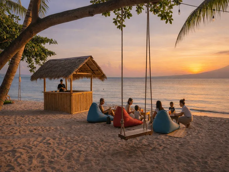 Gili Meno Beach Safety 2026 – A low-to-the-ground rustic swing attached to a sturdy tree at a local beachfront cafe for children.