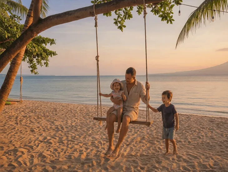 Childcare Safety Standards 2026 – A parent holding a toddler securely while using a low beach swing to ensure balance and safety.