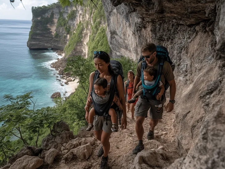 Nusa Dua Coastal Safety 2026 – A steep and narrow limestone footpath leading down the cliffside toward the secluded beach below.