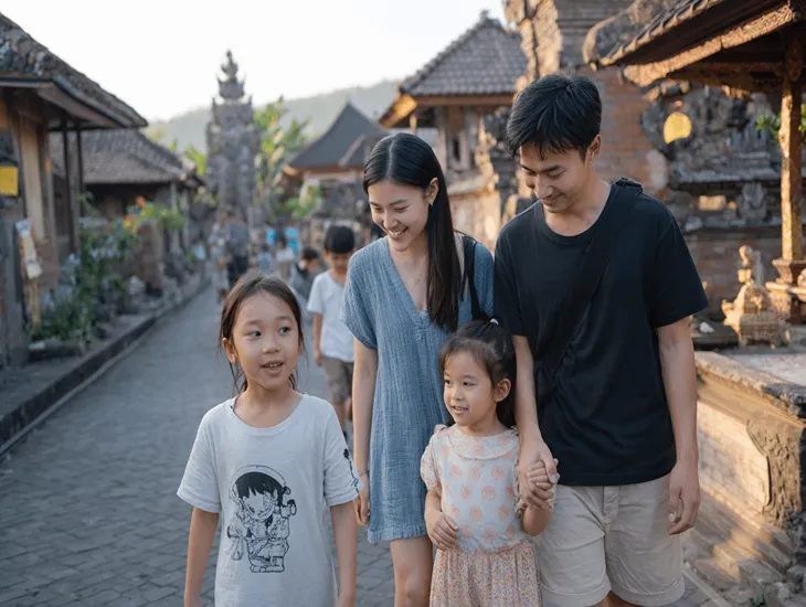 Penglipuran Village Bali 2026 – A clean, traditional cobblestone street lined with identical Balinese family compound gates and bamboo roofs.