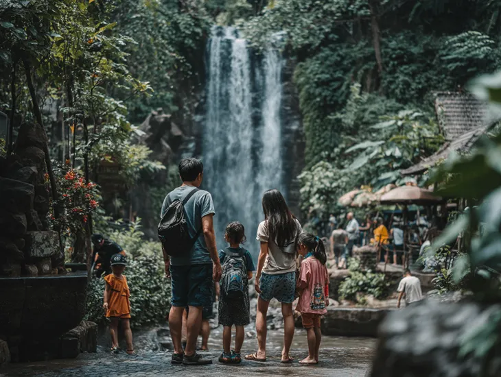 Managed Waterfall Facilities 2026 – Entrance gate, local community warungs, and clean restroom facilities for visiting families in the Gianyar regency.