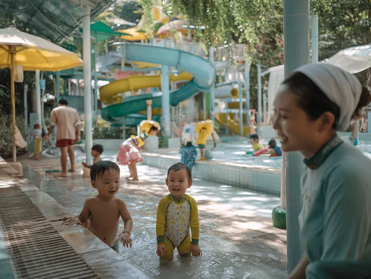 family hotels in Kuta, Bali 2026 – A professional nanny supervising children in a secure waterpark-style pool area in Indonesia.