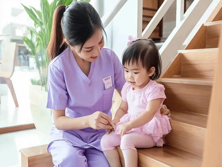 Childcare standards in Bali 2026 – A professional nanny engaging a toddler near a splash pool.