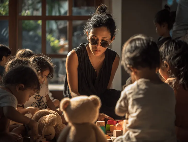 Kids Love Villas in Bali 2026 – A professional childcare assistant playing with building blocks with a toddler on a shaded patio.