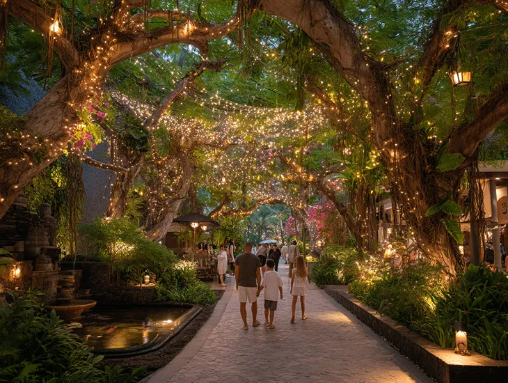 Kid-Friendly Programs 2026 – School-age children joining a guided nature walk through the resort's secure garden paths.