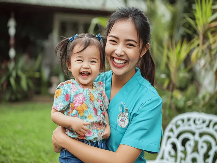 family hotels in Ubud, Bali 2026 – A professional nanny supervising children in a secure resort playground area.