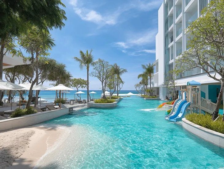 Bali Resort Day Pass 2026 – Family pool access, water slide safety features, and Kuta beachfront amenities