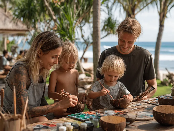 Repurposed coconut shell Easter baskets with jute handles, painted with non-toxic acrylics for a tropical and sustainable holiday craft in Bali.