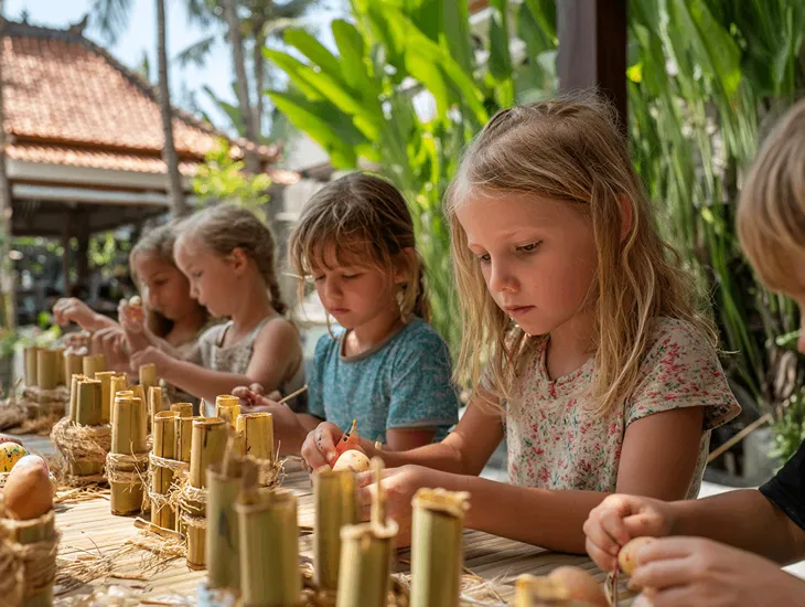 Bamboo stands for displaying dyed Easter eggs, crafted from local off-cuts, providing a sustainable and tropical decoration for spring celebrations in Bali.