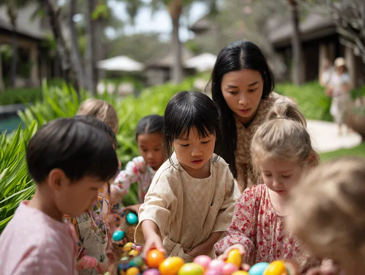 Resort staff ensure safety during a children's Easter egg hunt with a 1:5 ratio, First Aid-certified coordinators, and hygienic practices in Bali.