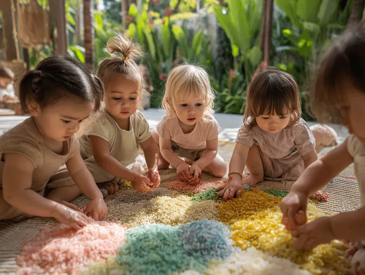 Toddlers engaging in sensory messy play with natural dyed rice in a safe and shaded environment in Bali, supervised by professional childcare providers.