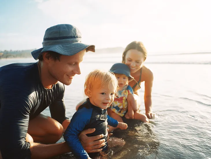 Beach Days in Bali 2026 – Shallow ocean swimming, proper sun protection, and shaded coastal play in Indonesia