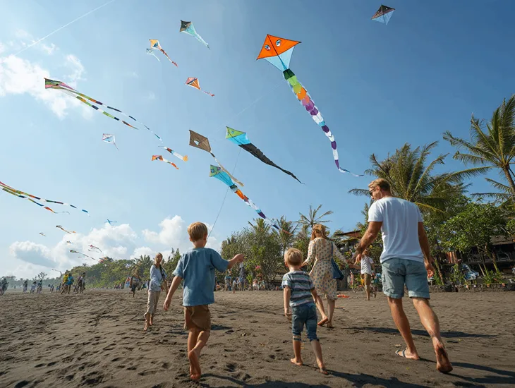 Kite Flying in Bali 2026 – Children launching traditional kites, beach safety supervision, and family outdoor fun