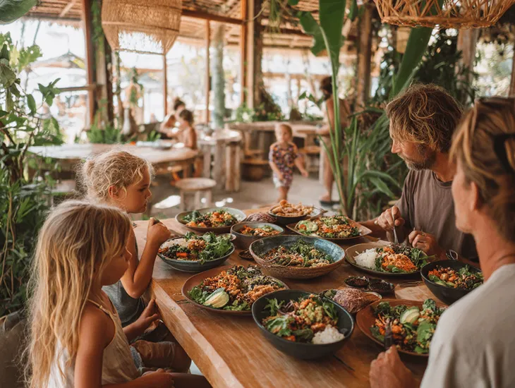 Pererenan vegan food 2026 – Plant based smoothie bowls, gluten free kid options, and garden cafe seating near the beach