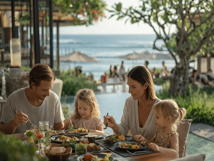 Kids buffet brunch in Bali 2026 – Family dining with high chairs, ocean views, and healthy food options for toddlers