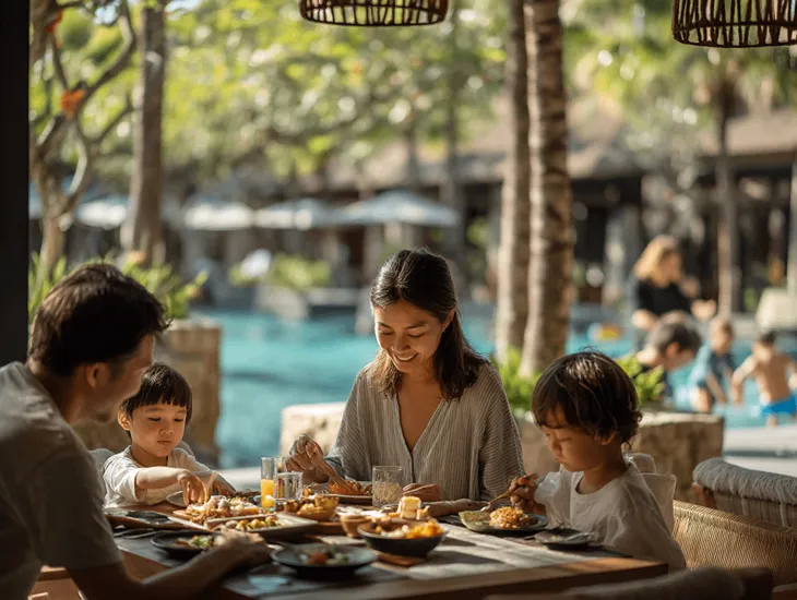 Sunday brunch in Bali 2026 – Pool access inclusions, kids club activities, and international buffet stations for family weekend dining
