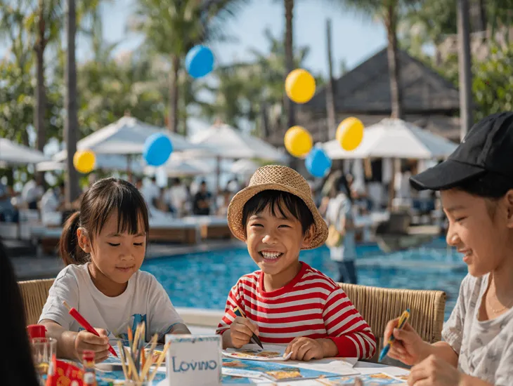 Kids eat free in Bali 2026 – Healthy kids meal featuring grilled chicken and vegetables served at a beachfront restaurant in Sanur