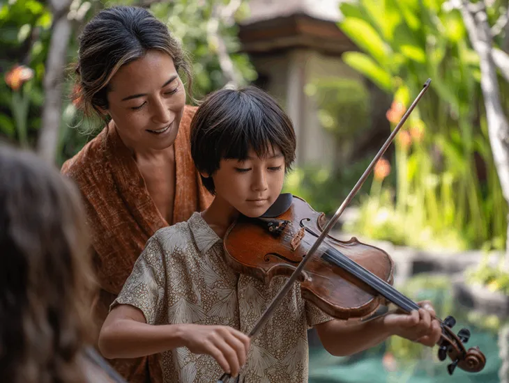 Violin lessons in Bali 2026 – Professional violin tutor guiding a young student's bow arm in an open-air villa studio