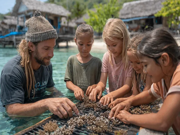 World Ocean Day in Bali 2026 – A close-up of a new coral fragment being attached to a restoration structure by a marine biologist