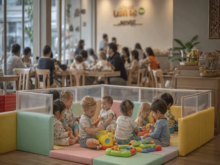 Kids restaurants in Bali 2026 – Toddlers playing with soft toys in a secure indoor play area in Sanur.