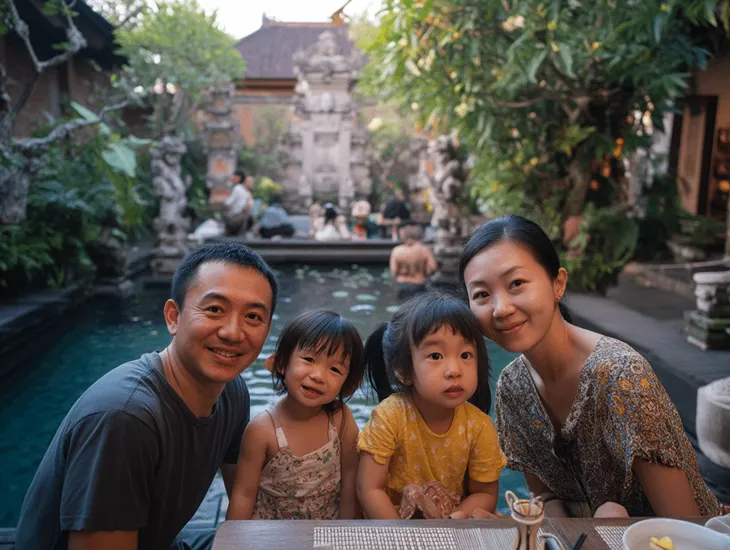 Kids restaurants in Bali 2026 – Children splashing in a mini water park next to a restaurant in Denpasar.