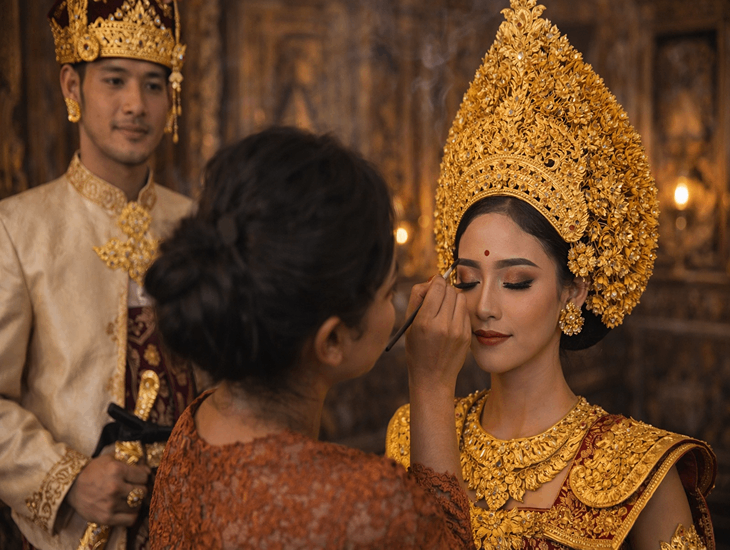 Makeup Traditions in Bali 2026 – Balinese bride with gold headpiece and traditional makeup during a ceremony in Ubud