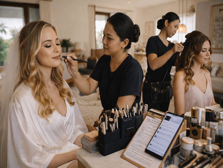 Bali makeup artist portfolio 2026 – Before-after transformations, airbrush technique demonstration, and bridal party coordination for destination weddings
