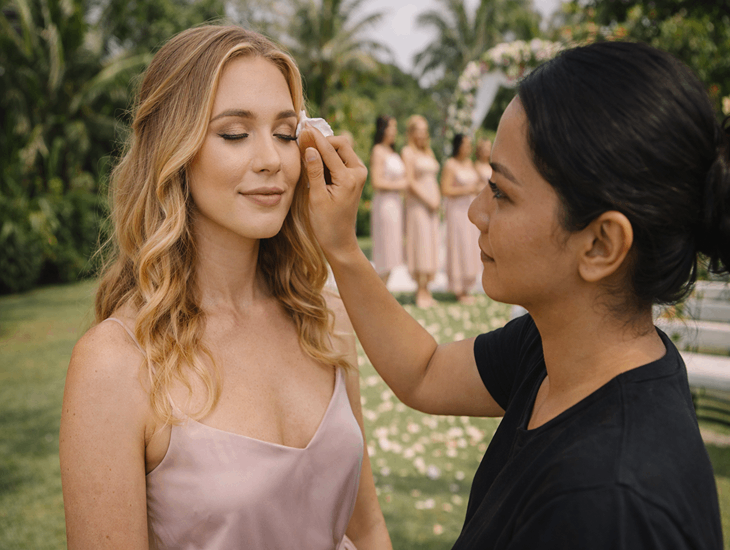 Bali bridesmaid makeup styling 2026 – Coordinated color palettes, individual lip shade selections, and natural finish application for wedding party harmony